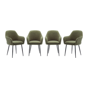 Lot de 4 fauteuils en velours côtelé kaki foncé et pieds en métal noir mat. L 57 x P 59 x H 84.5cm
