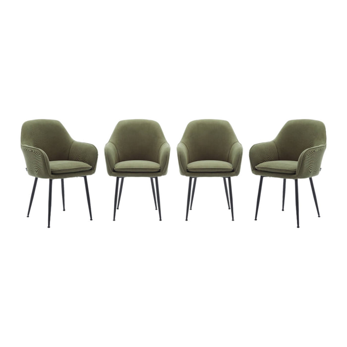 Lot de 4 fauteuils en velours côtelé kaki foncé et pieds en métal noir mat. L 57 x P 59 x H 84.5cm