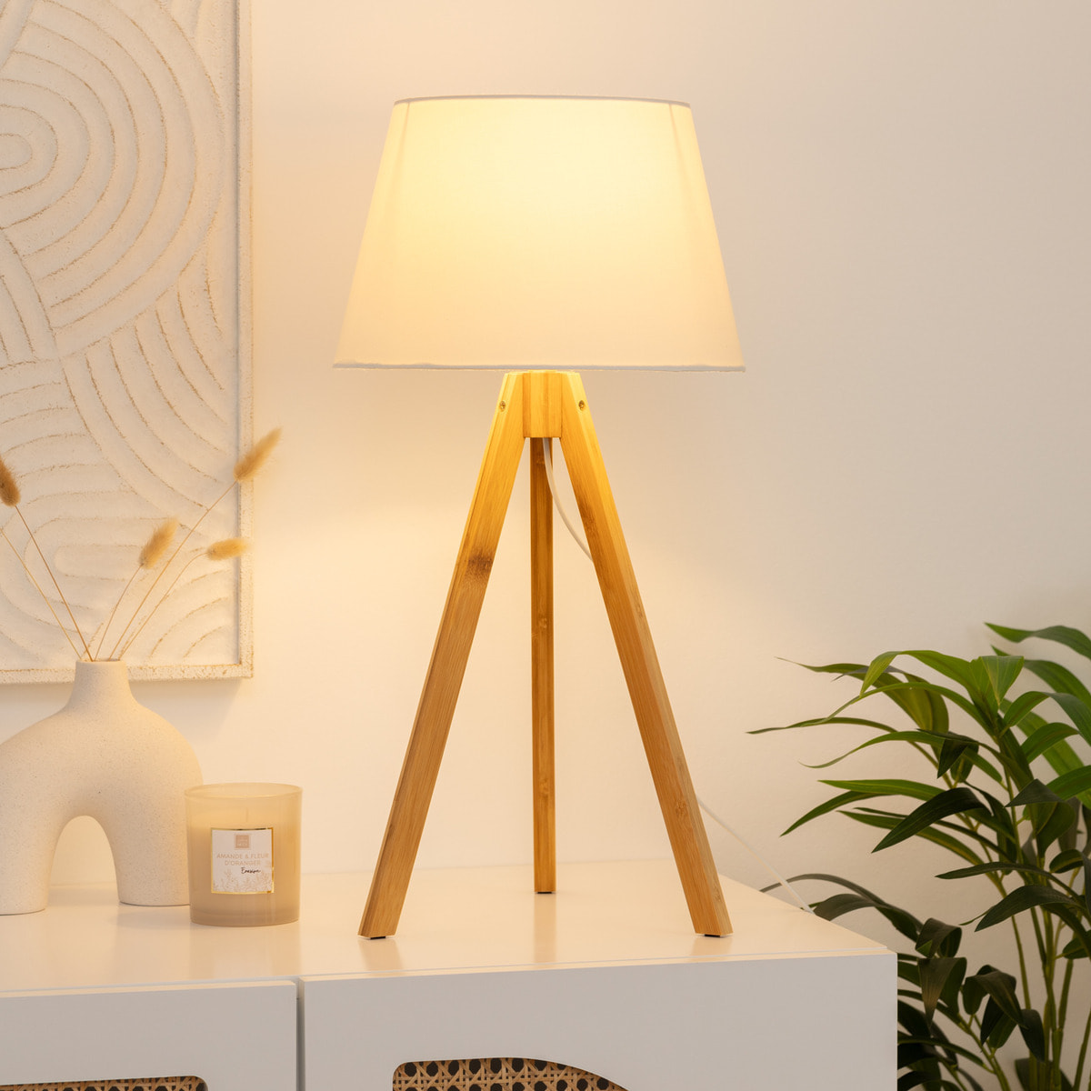 Lampe trépied "Bahi" - bambou et blanc H56 cm