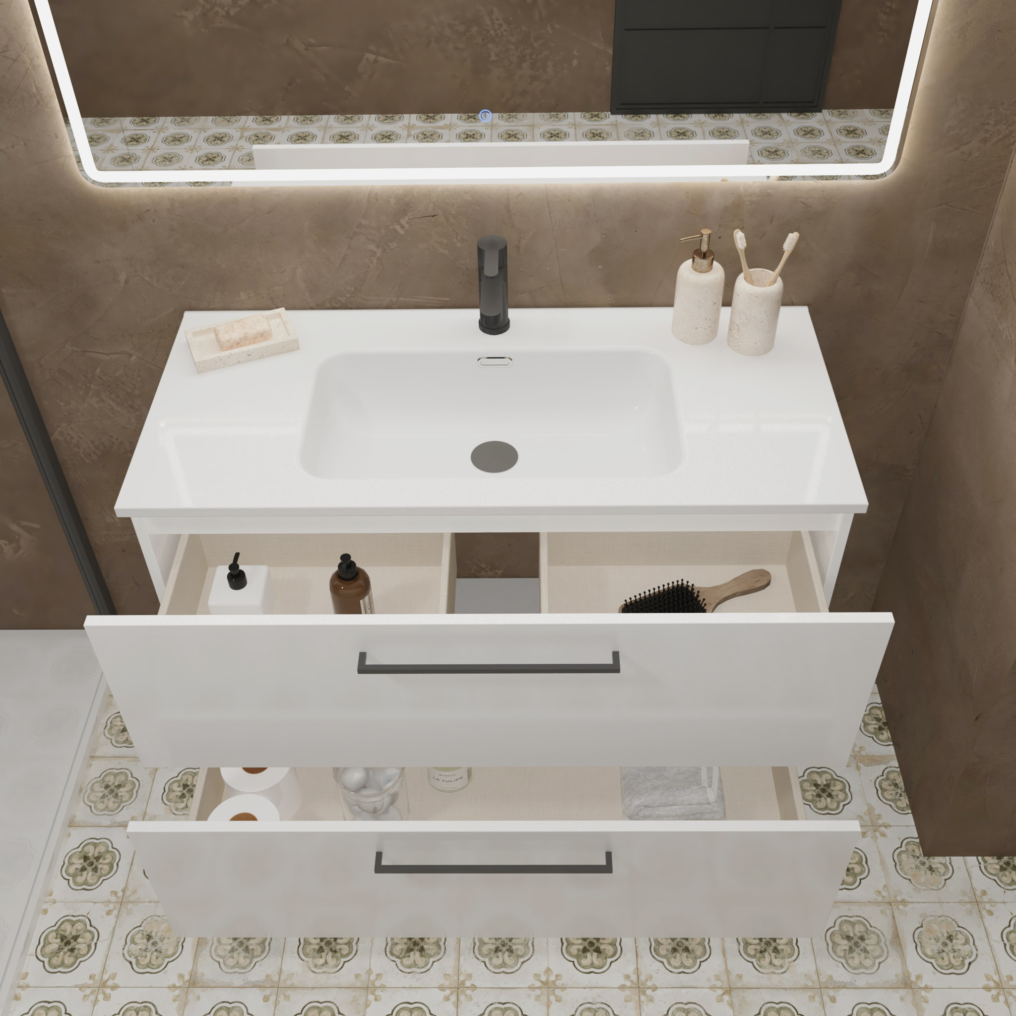Meuble de Salle de Bain Vex | 100Cm Blanc | Deux Tiroirs | Évier Encastré | Miroir non inclus | Meubles Assemblés | Alday