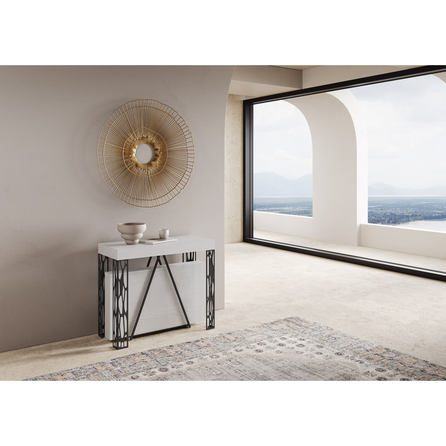 Console extensible 90x40/196 cm Kerpa Small frêne blanc cadre anthracite