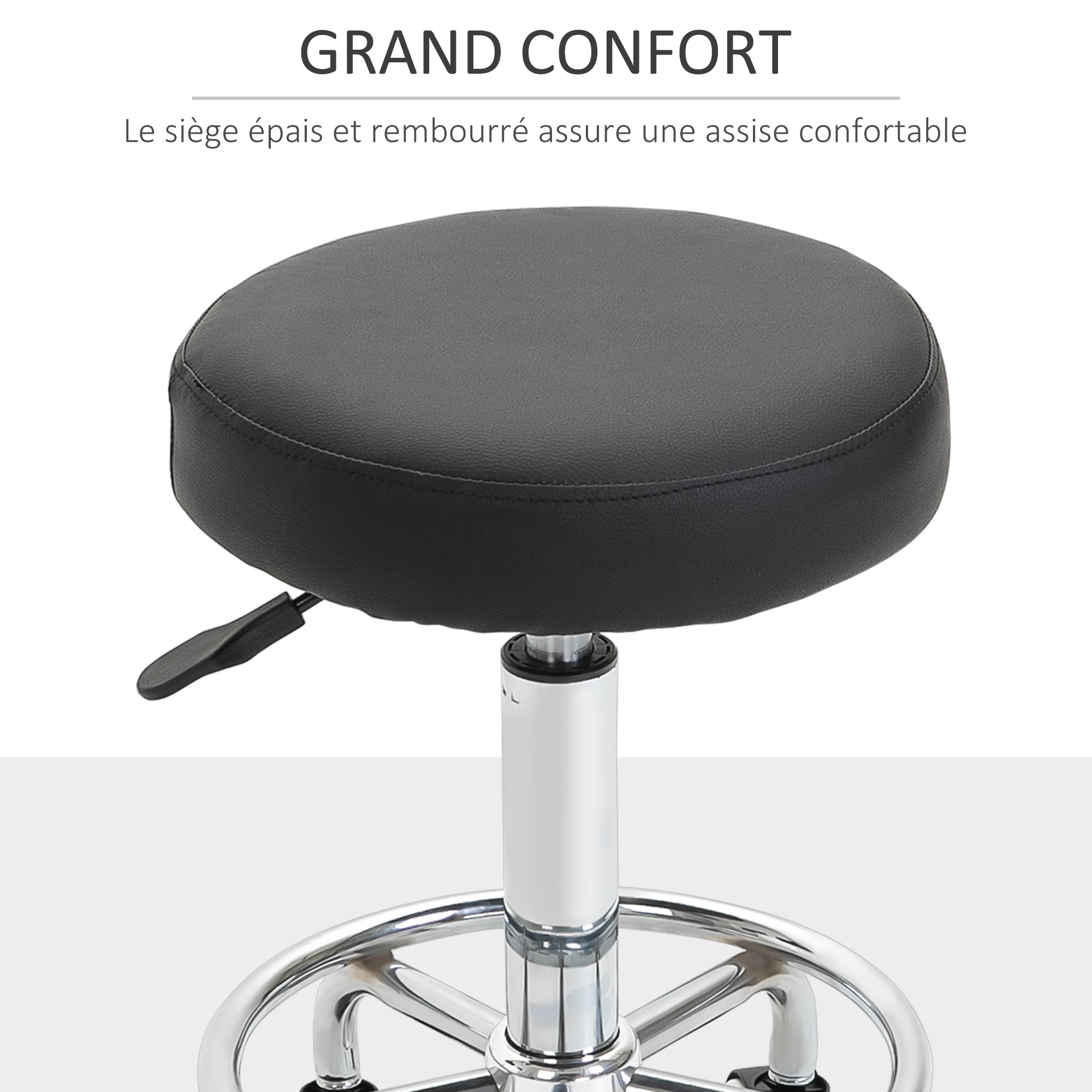 Vinsetto Tabouret à roulettes, tabouret de massage avec hauteur réglable 50-64 cm et assise rembourré, chaise de travail à roulettes pivotant 360°, pour salon de massage, tatouage, clinique, spa, noir