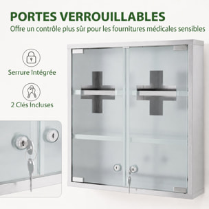 Armoire à pharmacie murale verrouillable acier inox 2 portes verre dépoli croix transparente