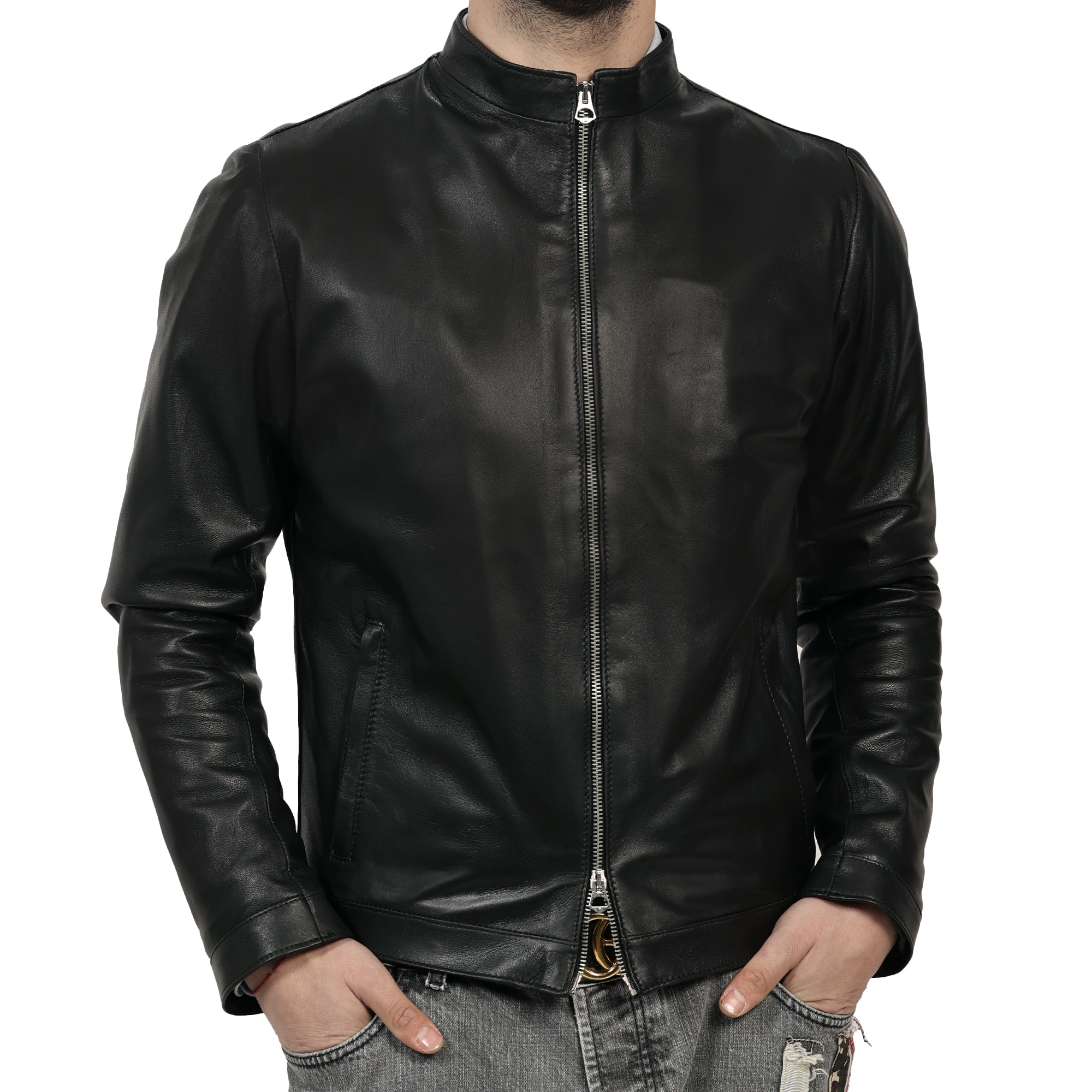 Giubbino in pelle di vitello nappa Nero-Slim Fit
