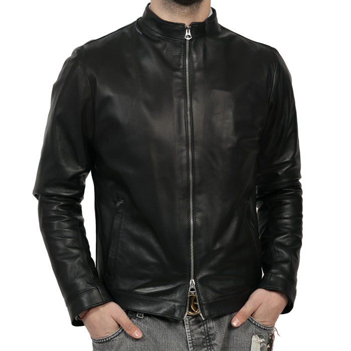 Giubbino in pelle di vitello nappa Nero-Slim Fit