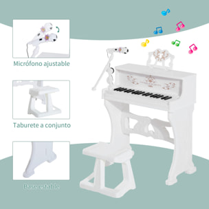 Piano Electrónico Infantil 37 Teclas con Micrófono Taburete 22 Canciones Blanco