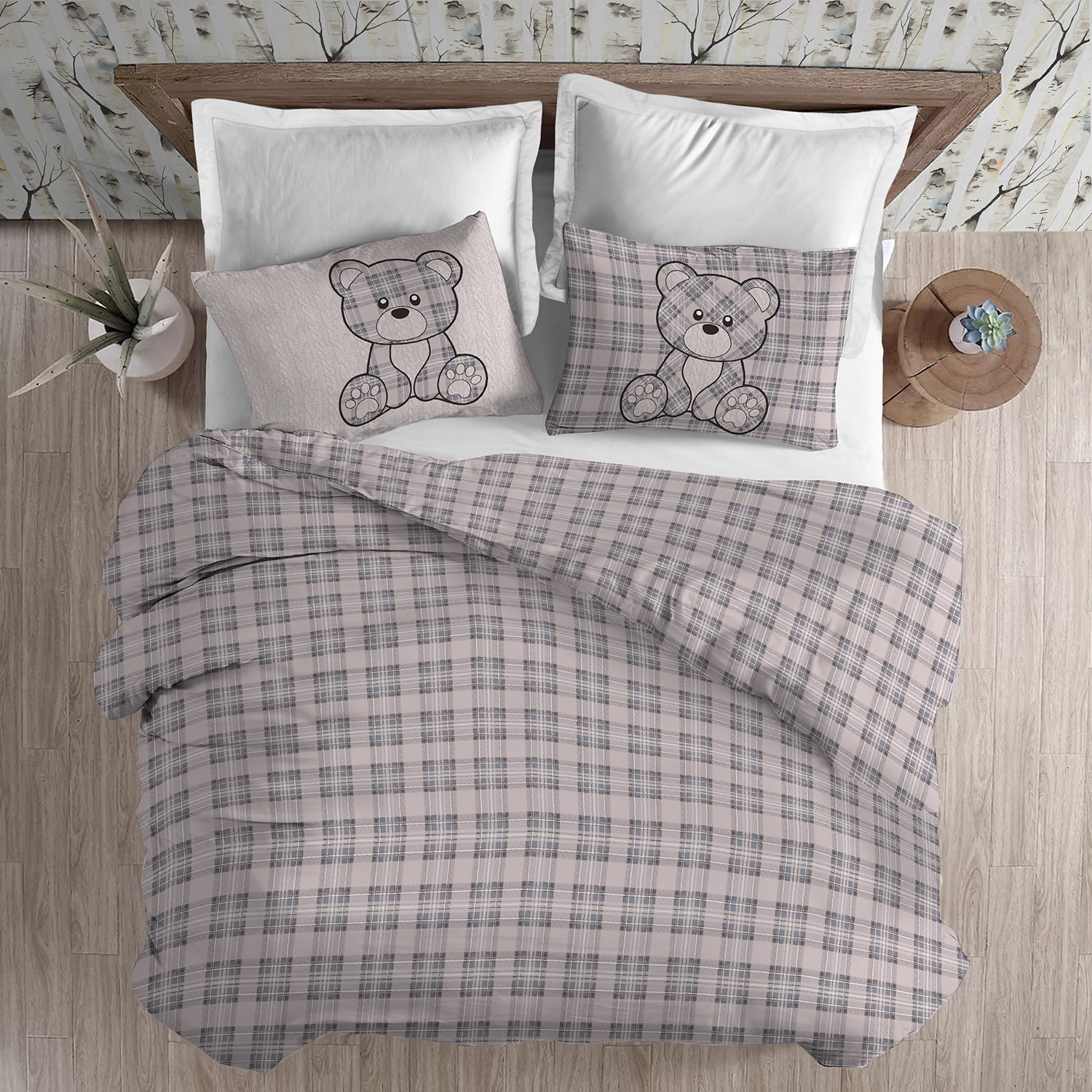 Parure copripiumino in flanella orsetto tartan beige