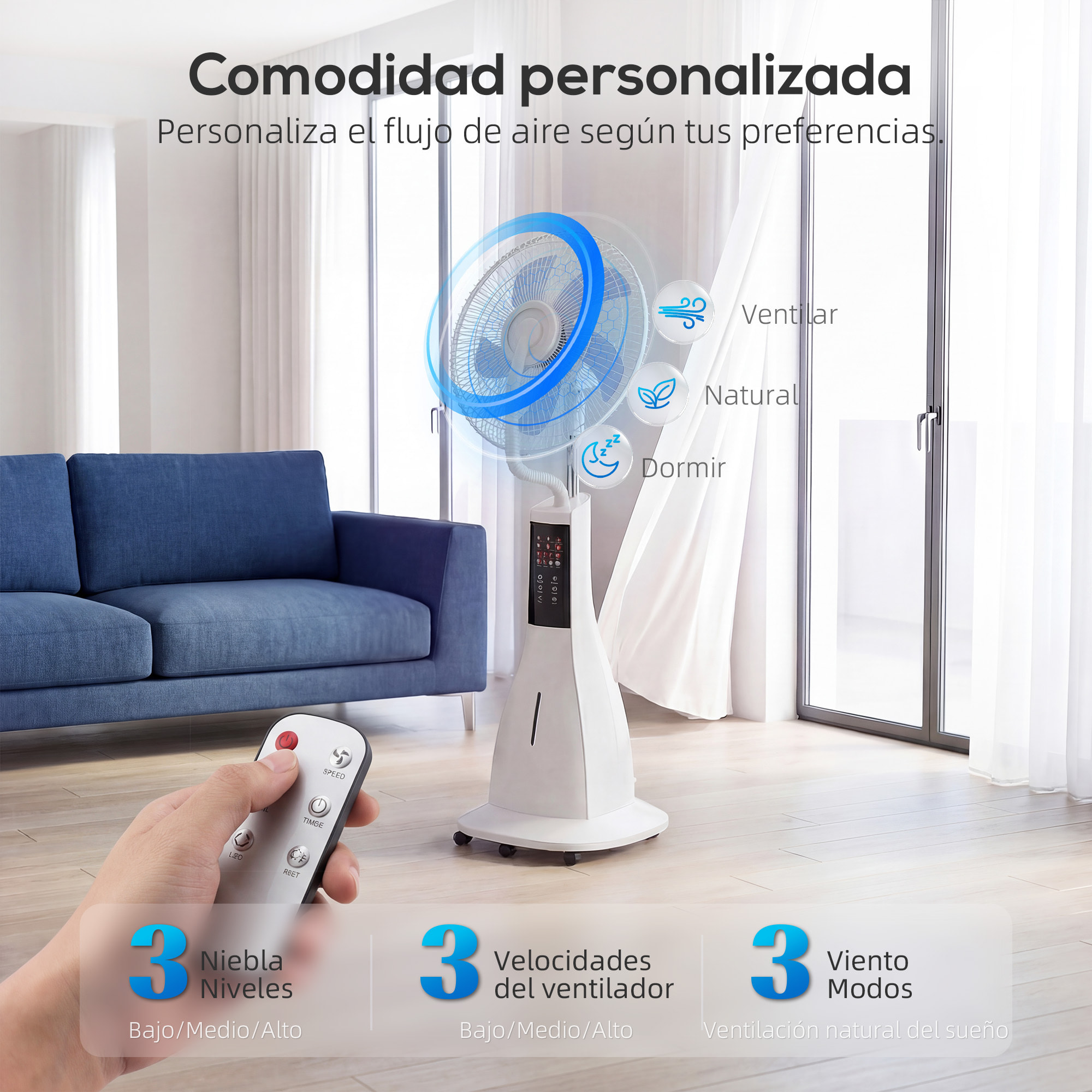 Ventilador Nebulizador, 90W, Ventilador con Agua, Oscilación 75°, 3 Velocidades, 5 Aspas, 3 Modos, Depósito de Agua 3L, Temporizador 7,5h, Control Remoto, 5 Ruedas, para Hogar, Oficina, Blanco