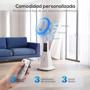 Ventilador Nebulizador, 90W, Ventilador con Agua, Oscilación 75°, 3 Velocidades, 5 Aspas, 3 Modos, Depósito de Agua 3L, Temporizador 7,5h, Control Remoto, 5 Ruedas, para Hogar, Oficina, Blanco