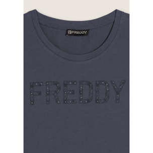 T-shirt con logo frontale in borchie