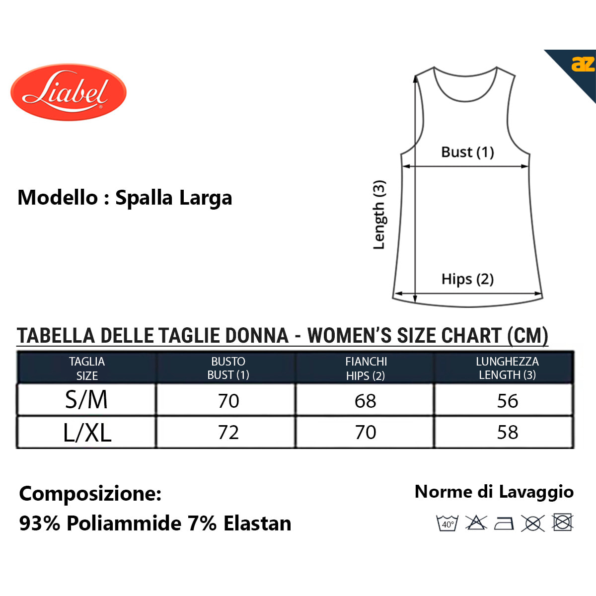 Canotta Intima Donna Spalla Larga Liabel Conf 2pz, Art. AZ2540B Bianco S/M