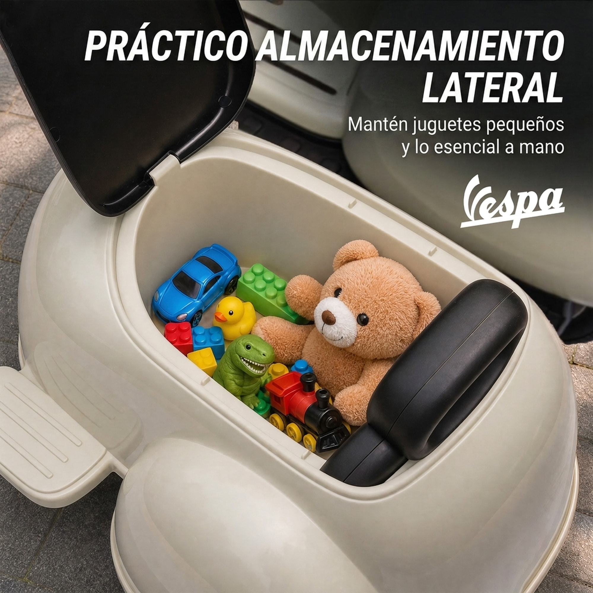 Moto Eléctrica para Niños Licencia VESPA 6V con 2 Asientos, Moto Eléctrica Infantil con Arranque Suave, Luz Delantera, Música, Bocina, USB y Almacenamiento, Regalo para Niños +3 Años, Crema