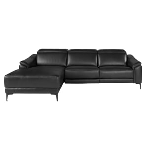 Sofá chaise longue Angel Cerdá relax izquierda de 5 plazas tapizado en piel de origen vacuno en negro con reposacabezas patas de acero inoxidable en negro mate sistema de relax eléctrico 272x168x96cm