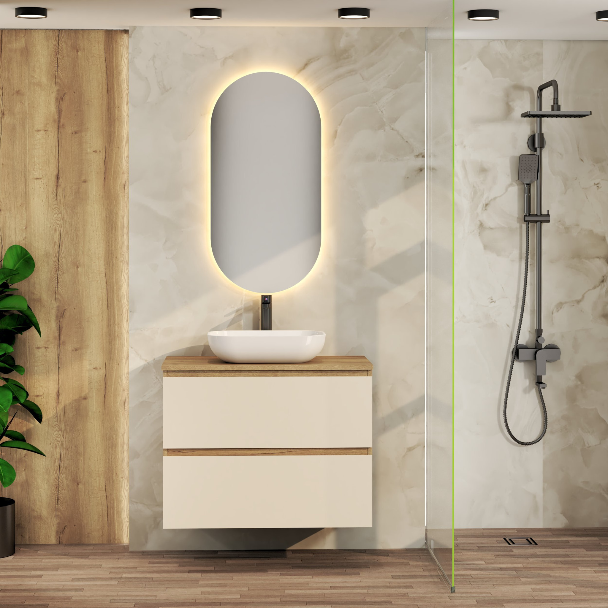 CONJUNTO DE BAÑO NIA | MUEBLE SUSPENDIDO | 90 CM GLACIAR | DOS CAJONES | LAVABO SOBREPUESTO | NO INCLUYE ESPEJO | MUEBLE MONTADO| ALDAY