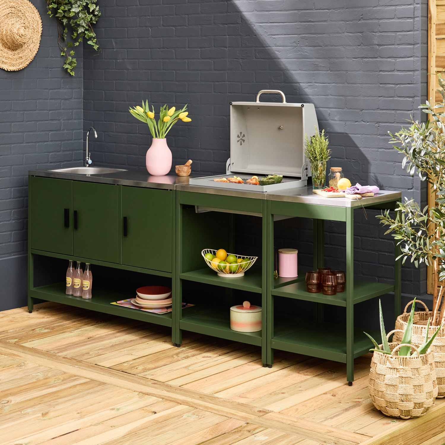 Cuisine d'extérieure 3 modules avec barbecue charbon de bois sur pieds, 2 étagères et thermomètre NAXOS BARBECUE CHARBON + 2 MODULES