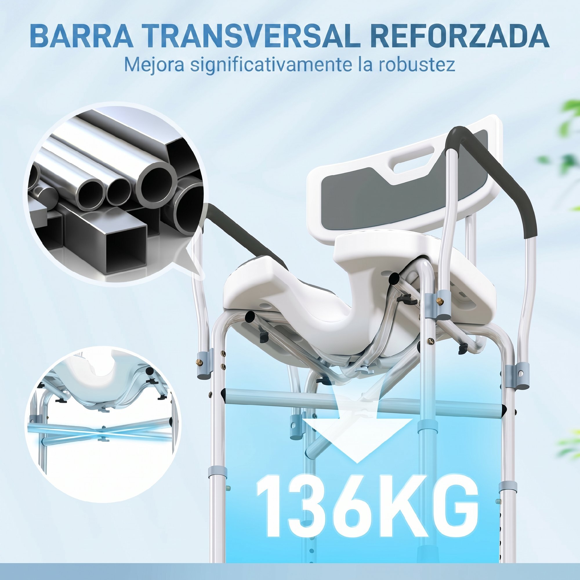 Silla Ducha Personas Mayores, Silla de Ducha con Asiento Ranurado, Altura Regulable, Taburete de Baño Antideslizante con Respaldo y Reposabrazos, Carga 136 kg, para Discapacitados, Gris