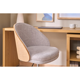 Chaise de bureau à roulettes en tissu effet velours texturé gris, bois clair et métal chromé TUCSON