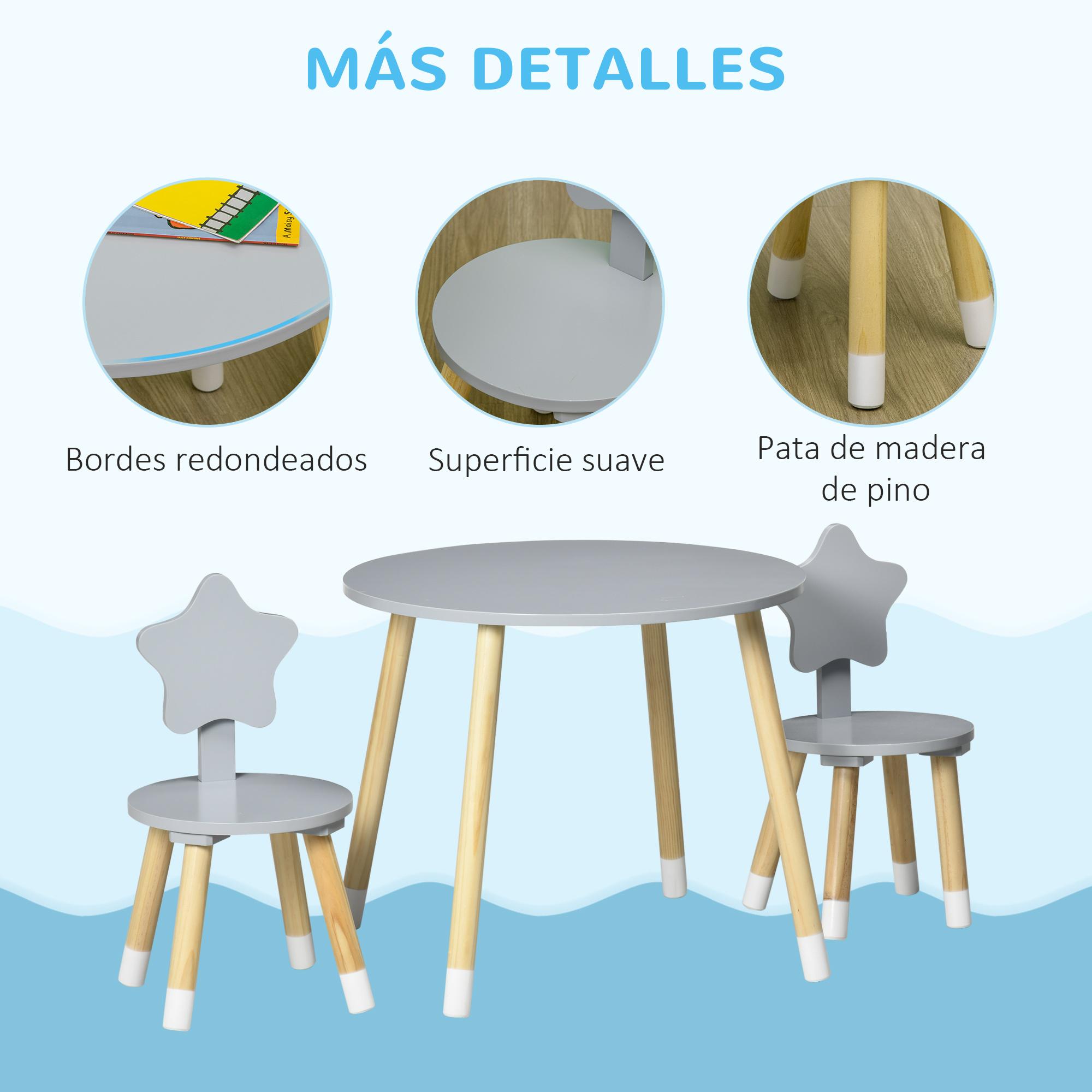 Juego de Mesa y 2 Sillas de Madera para Niños para Sala de Juego Dormitorio Gris