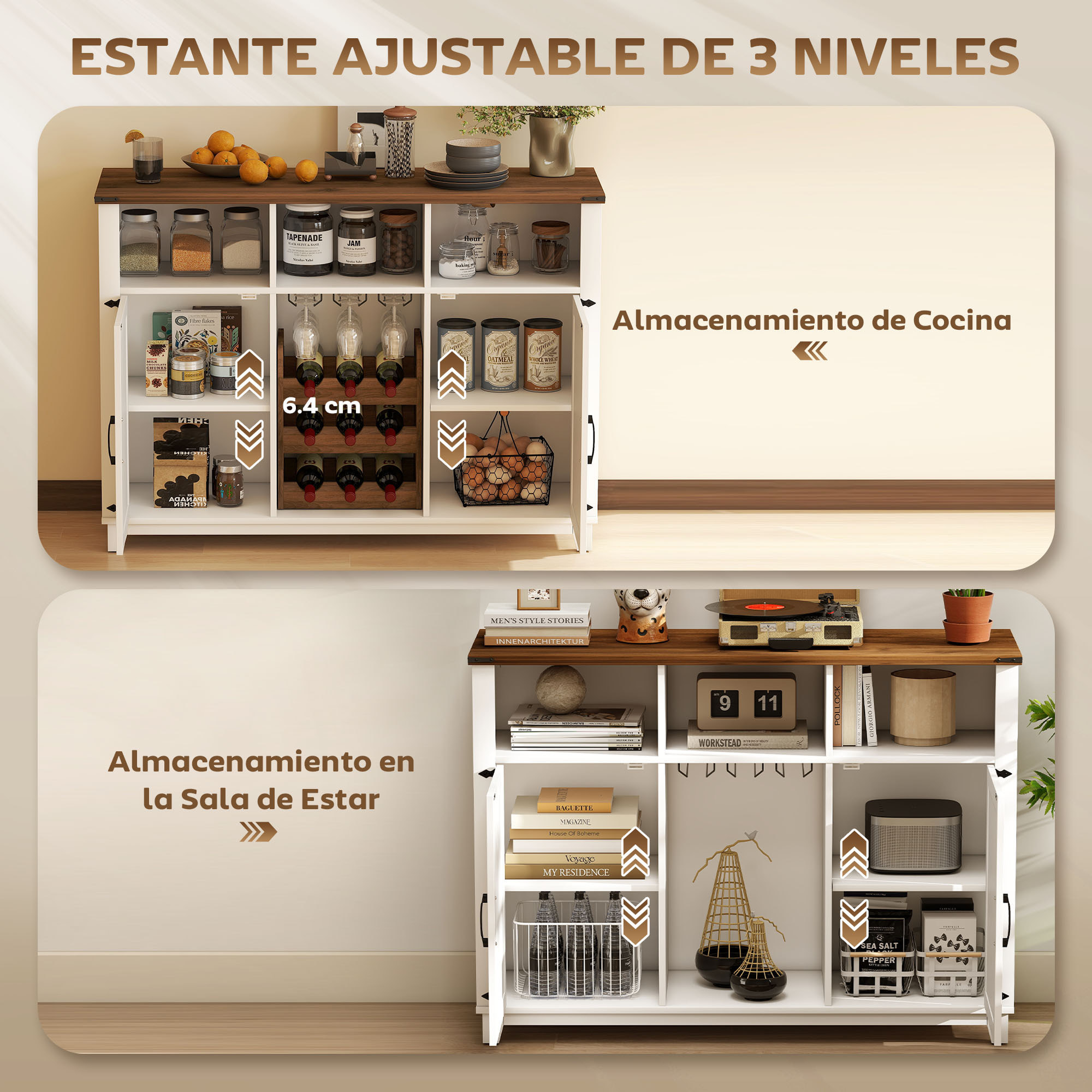 Aparador de Cocina con Botellero, Aparador con 2 Puertas de Granero, Estantes Ajustables y Soporte para Copas, para 9 Botellas, Buffet Auxiliar de Cocina para Comedor, Salón 120x37x88 cm Blanco