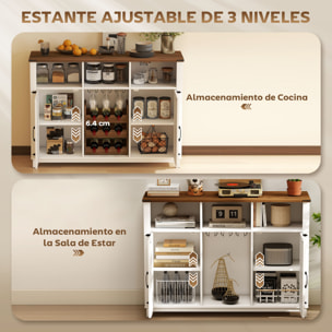 Aparador de Cocina con Botellero, Aparador con 2 Puertas de Granero, Estantes Ajustables y Soporte para Copas, para 9 Botellas, Buffet Auxiliar de Cocina para Comedor, Salón 120x37x88 cm Blanco