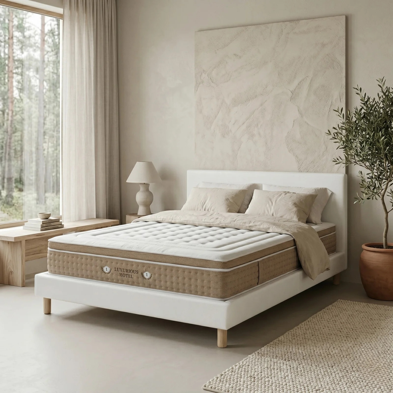 Ensemble matelas Bali & lit fixe Colisée | Mémoire de forme et ressorts ensachés | cadre à lattes | Simili cuir | Blanc