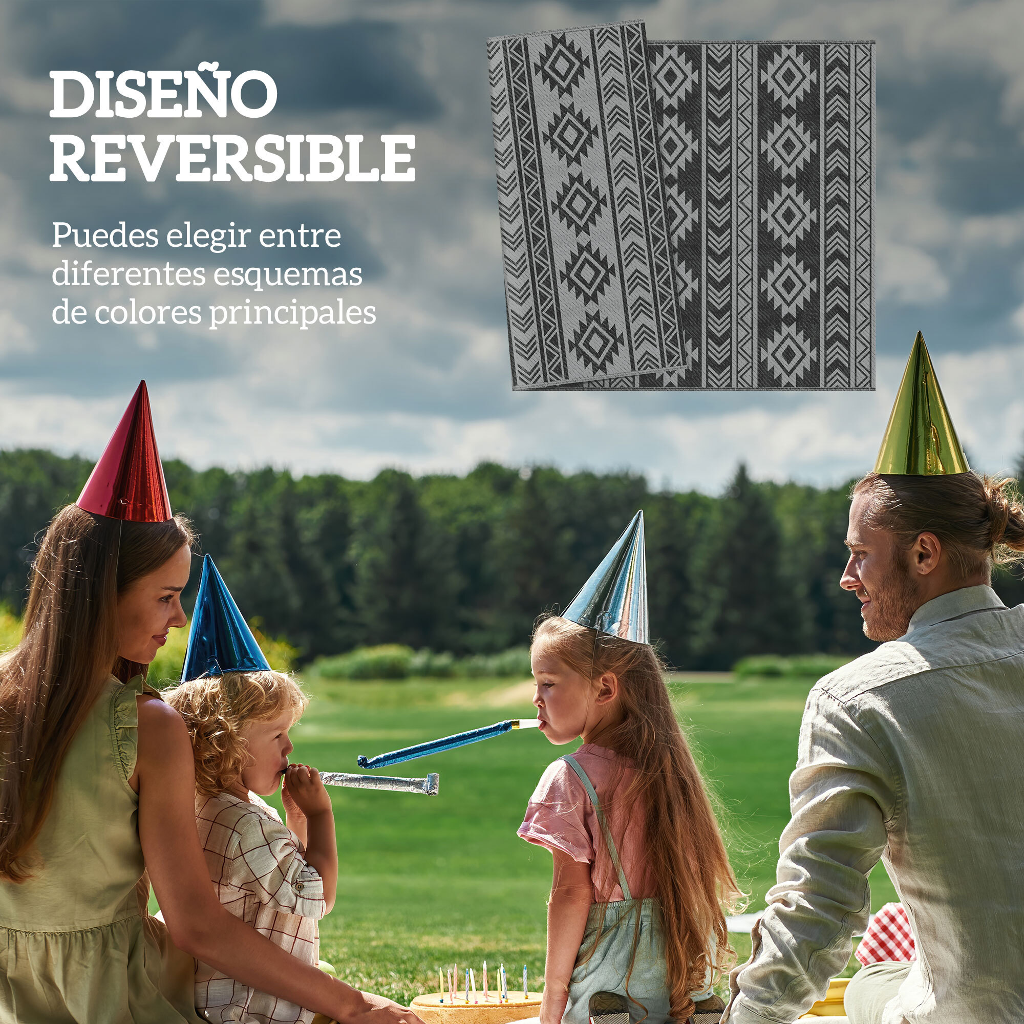 Alfombra de Exterior, 182x274 cm, Alfombra Reversible con Patrón Geométrico, Impermeable, Anti-UV, para Terraza, Balcón, Patio, Camping, Viajes en Autocaravana, Negro y Gris Claro