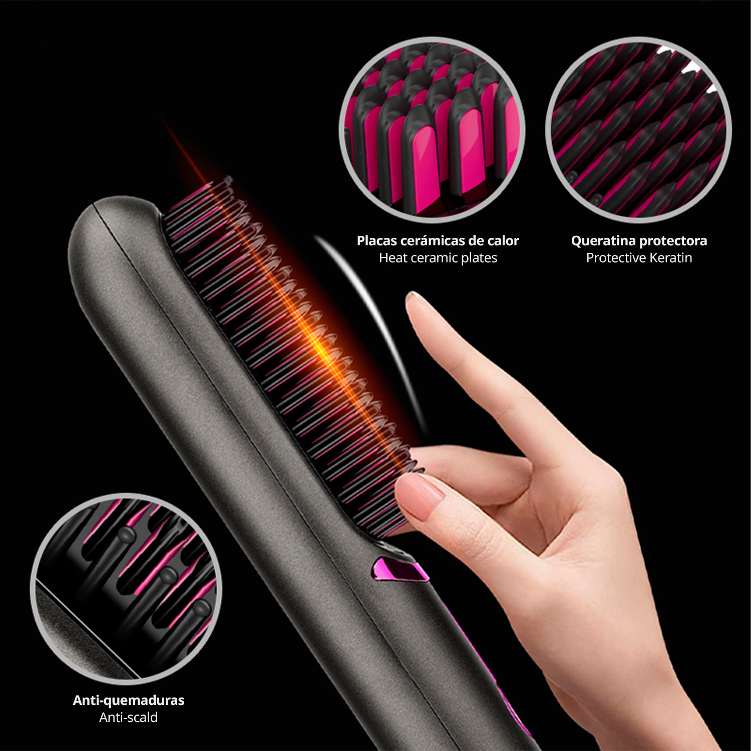 Cepillo peine alisador de pelo 608. Con 3 niveles de calor entre 160°C y 200ºC.