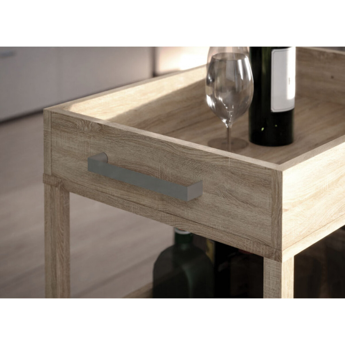 Bar à roulettes en bois effet sonoma avec rangements - BAR