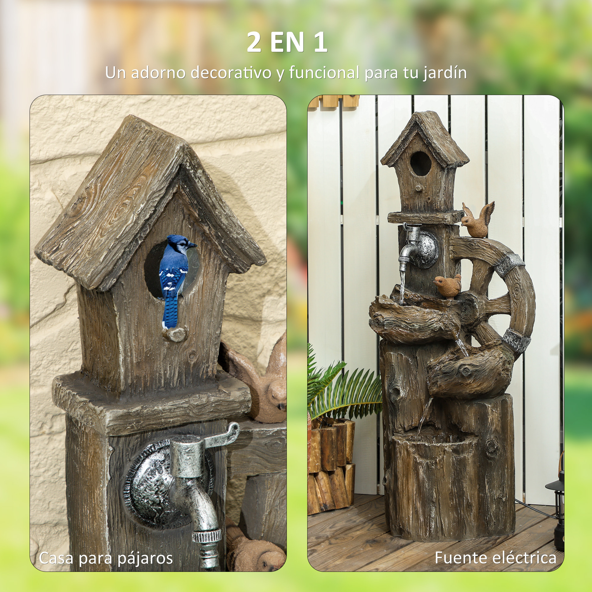 Fuente de Agua 2 en 1 con Casita para Pájaros Fuente de Jardín con Iluminación LED Fuente Decorativa en Cascada de 4 Niveles para Jardín Patio Terraza 34,5x29,5x92 cm Multicolor