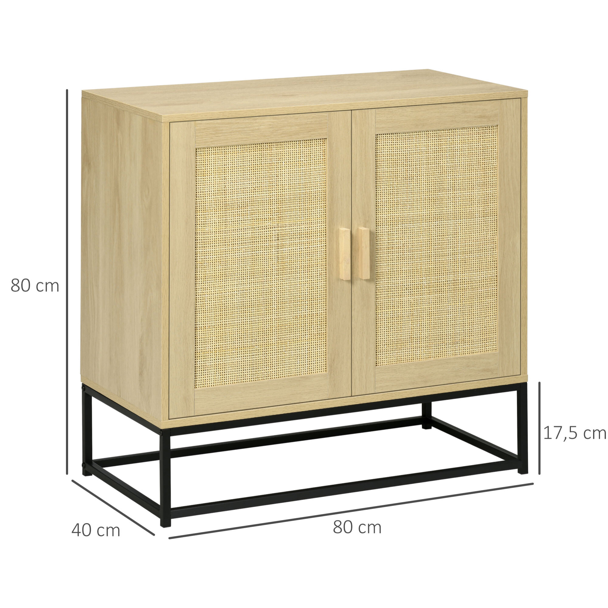 Buffet 2 portes cannage rotin avec étagère piètement acier noir poignées bois pin aspect chêne clair