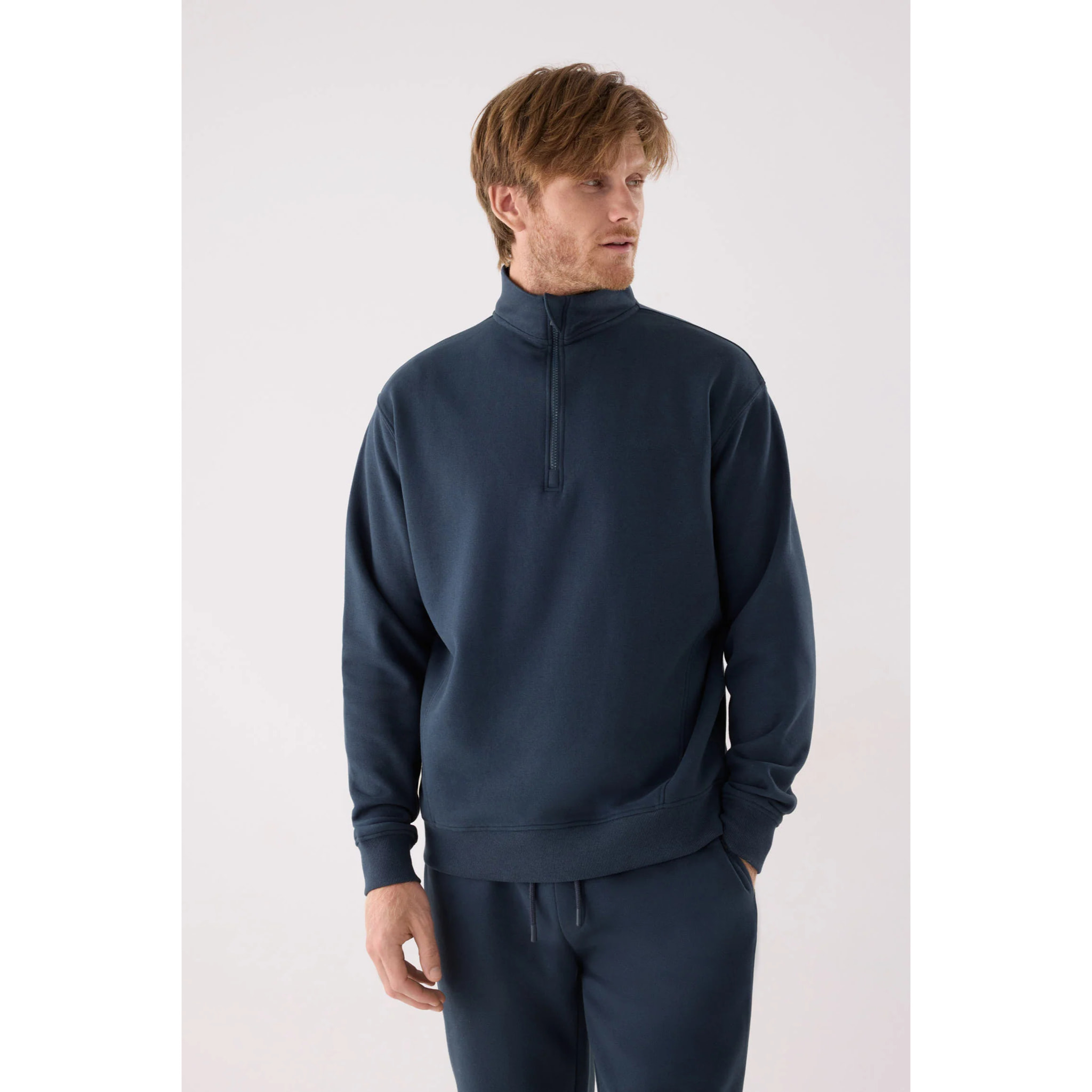 Sudadera deportiva hombre afelpada semi cremallera azul marino