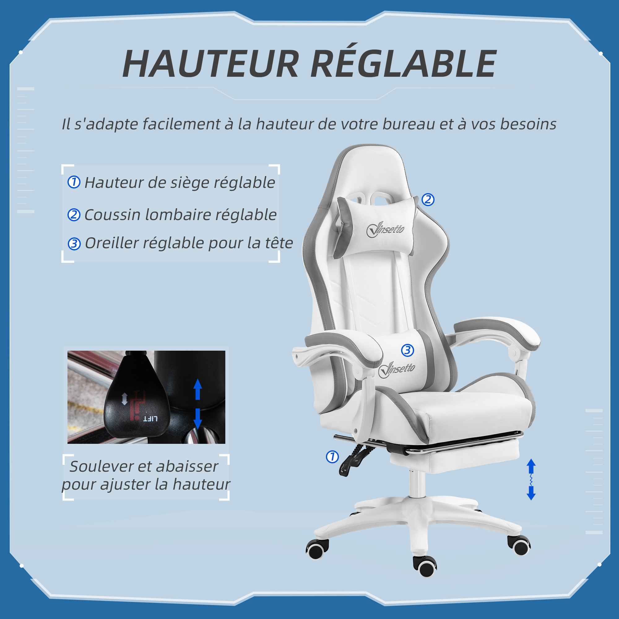 Chaise de bureau gaming - inclinable, pivotant, réglable - coussins lombaires têtière inclus - gris blanc