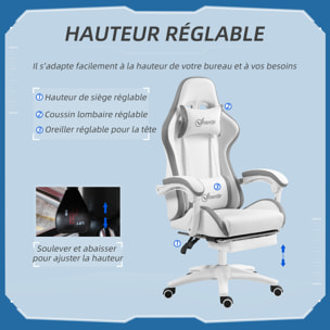 Chaise de bureau gaming - inclinable, pivotant, réglable - coussins lombaires têtière inclus - gris blanc