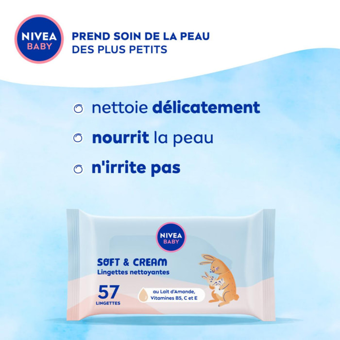 Pack de 10 - NIVEA - Lingettes Bébé Soft & Cream 10 paquets de 57 Pièces