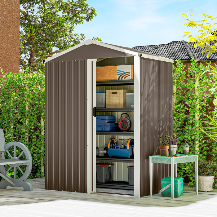 Caseta de Jardín Exterior 1,1 m², 136x87x179 cm, Cobertizo de Jardín Exterior Metálico con Puerta Corredera, Techo Inclinado y Guantes, para Almacenaje de Herramientas Bicicletas, Marrón