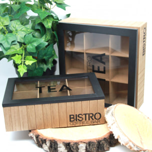 WELL HOME - Caja de té de 9 compartimentos con tapa de vidrio color negro