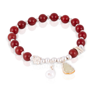 Bracciale elastico in perle di agata granata con dettagli in argento sterling 925.