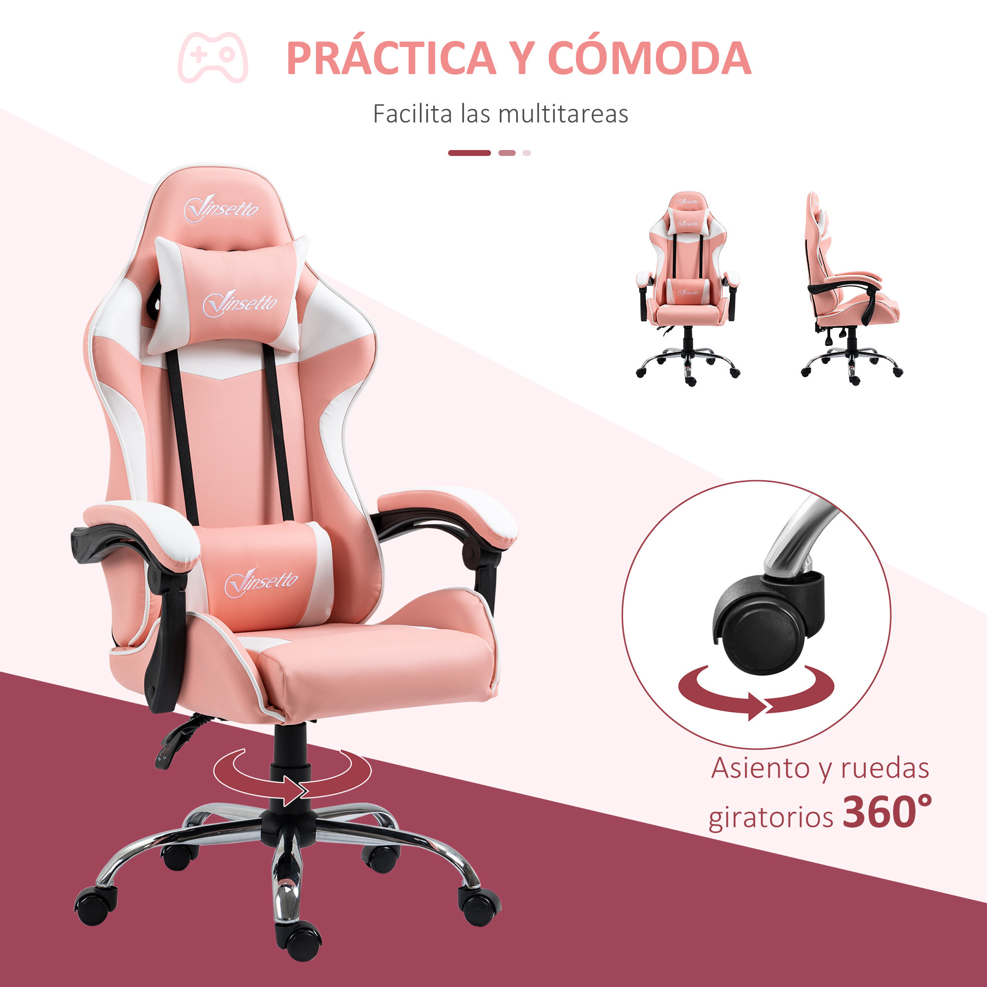 Silla Gaming Ergonómica con Altura Ajustable Reclinable 63x67x122-130 cm Rosa