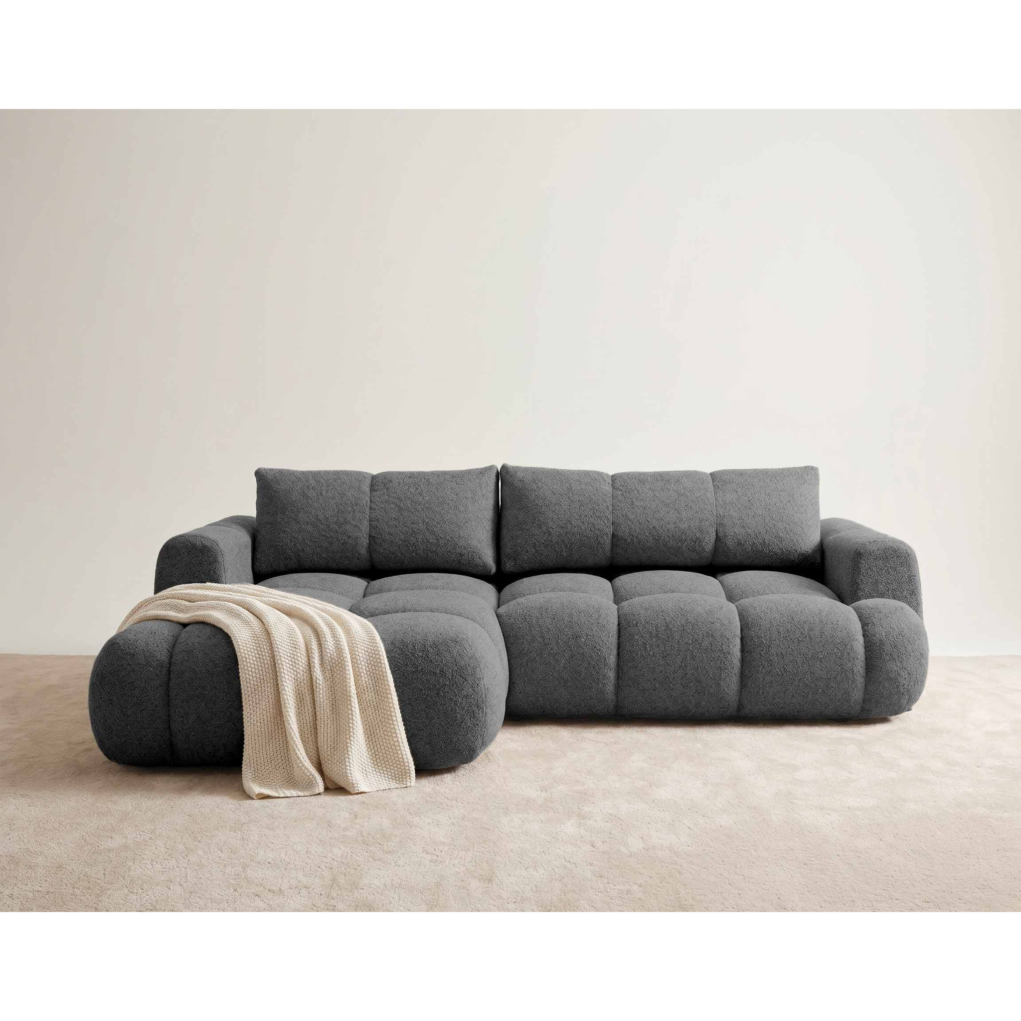 Yulin - Canapé d'angle gauche 4 places convertible avec coffre en tissu bouclette - Gris