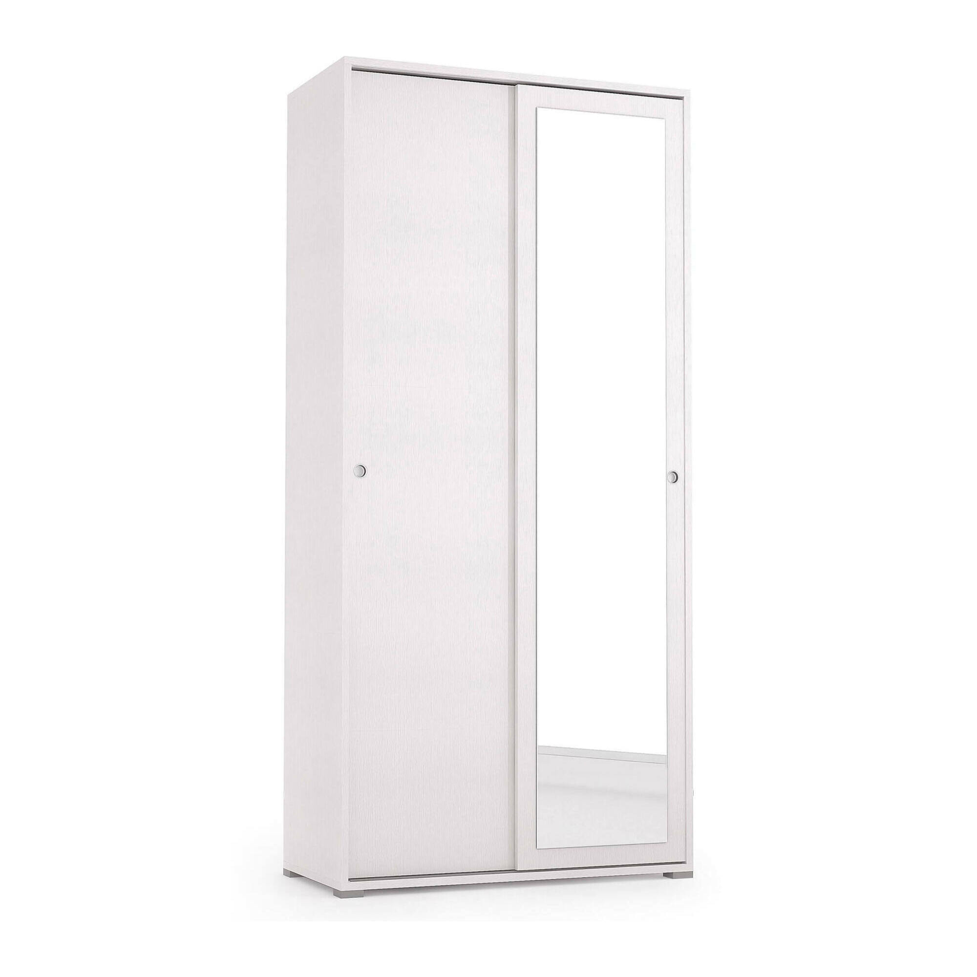 Guardaroba Tulipano, Armadio a 2 ante scorrevoli e specchio, Mobile con barra appendiabiti e ripiani, 100% Made in Italy, Cm 90x45h195, Bianco