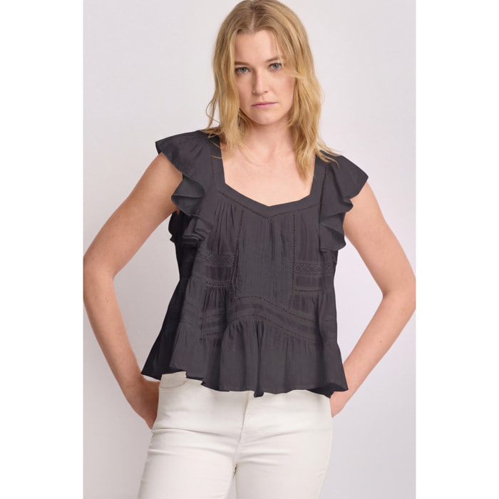 Kocca - Top con balze e inserti in pizzo Donna, Tinta unita, Scollo a cuore
