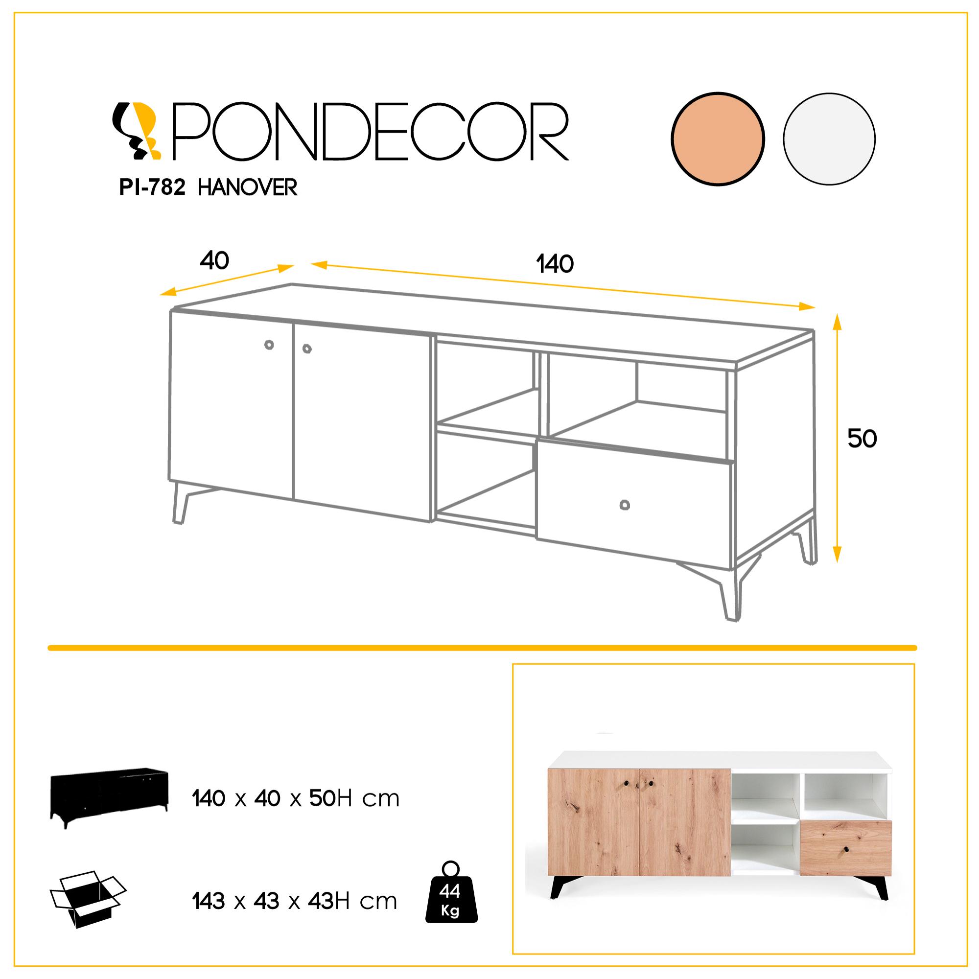 Mueble TV HANOVER - 2 puertas, 3 huecos y 1 cajón - roble y blanco polar - 140x40x50cm