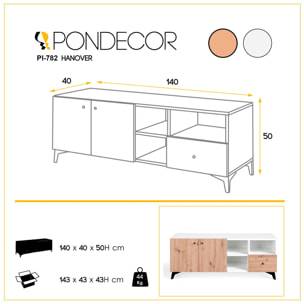 Mueble TV HANOVER - 2 puertas, 3 huecos y 1 cajón - roble y blanco polar - 140x40x50cm