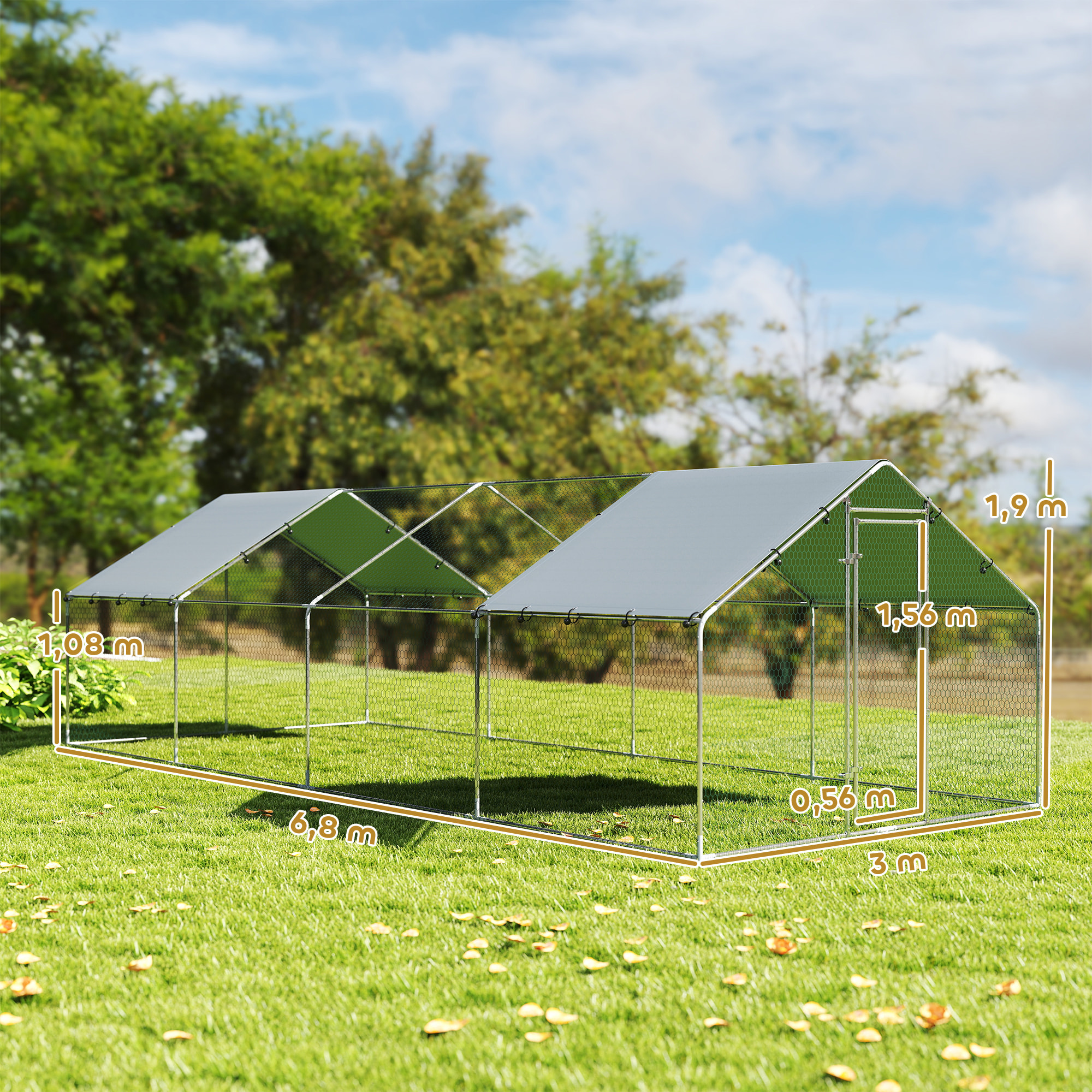 Gallinero para Exterior Grande, 6,8x3x1,9 m, Gallinero de Acero Galvanizado, Puerta con Doble Cierre, Cubierta Tela Oxford, Anti-UV e Impermeable, Diseño Accesible, para 20-30 Gallinas, Plata