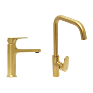 Dark set mitigeur lavabo à levier + mitigeur cuisine avec bras pivotant, or brossé (SATBSDA271BZ)
