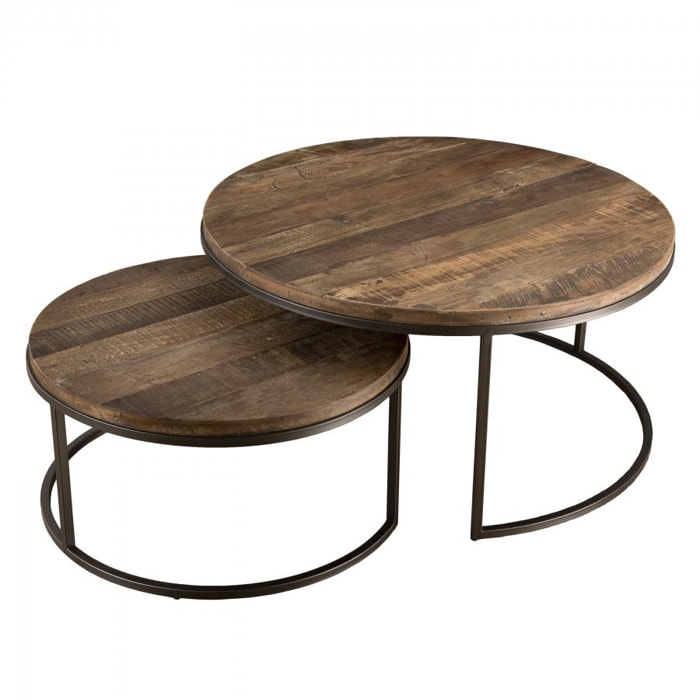 ALIDA - Set de 2 tables basses gigognes rondes Teck recyclé Acacia Mahogany recyclé pieds métal noir