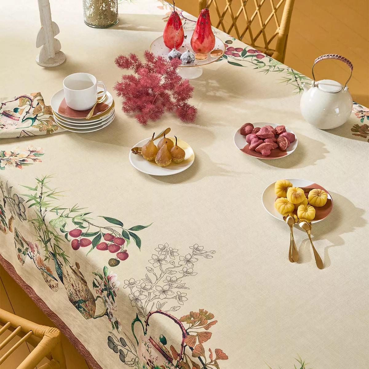 Chemin de table lin & coton lavé 190 g/m² imprimé vert orange Theieres rouille