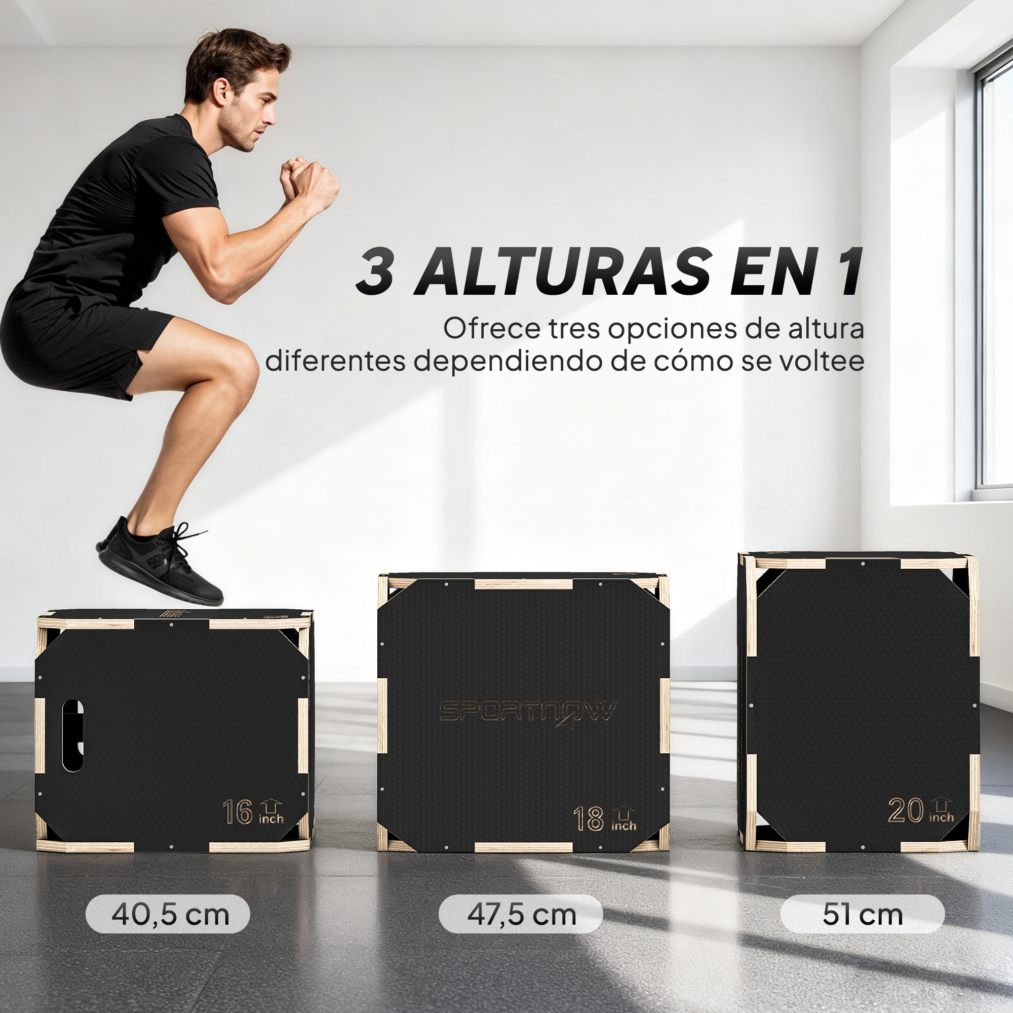 Cajón Pliométrico de Madera 3 en 1, Plataforma de Caja Pliométrica con 3 Alturas Ajustables 51/48/41 cm, Asas, sin Esquinas, Entrenamiento de Salto, Fuerza, para Casa, Gimnasio y Exterior