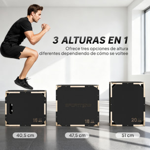Cajón Pliométrico de Madera 3 en 1, Plataforma de Caja Pliométrica con 3 Alturas Ajustables 51/48/41 cm, Asas, sin Esquinas, Entrenamiento de Salto, Fuerza, para Casa, Gimnasio y Exterior