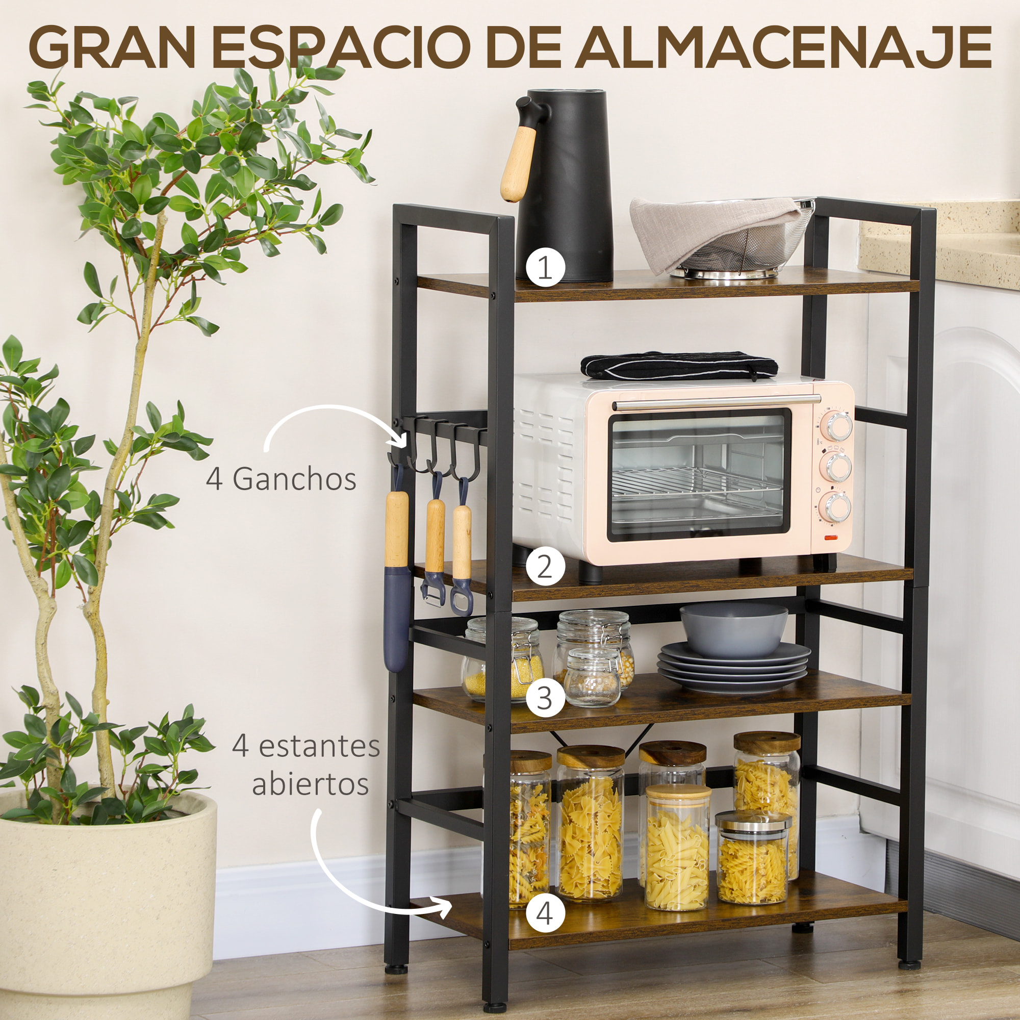 Estantería de Cocina de 4 Niveles Estante de Cocina con 4 Estantes Ganchos y Sistema Antivuelco Estantería para Microondas 65x30x102 cm Marrón Rústico y Negro